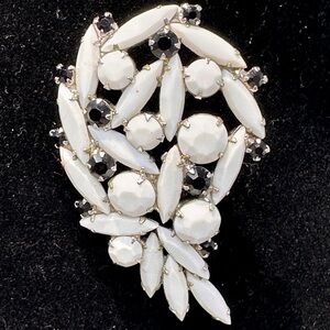 Juliana DeLizza & Elster MCM Brooch Pin Milk Glass Navette & Black Rhinestones